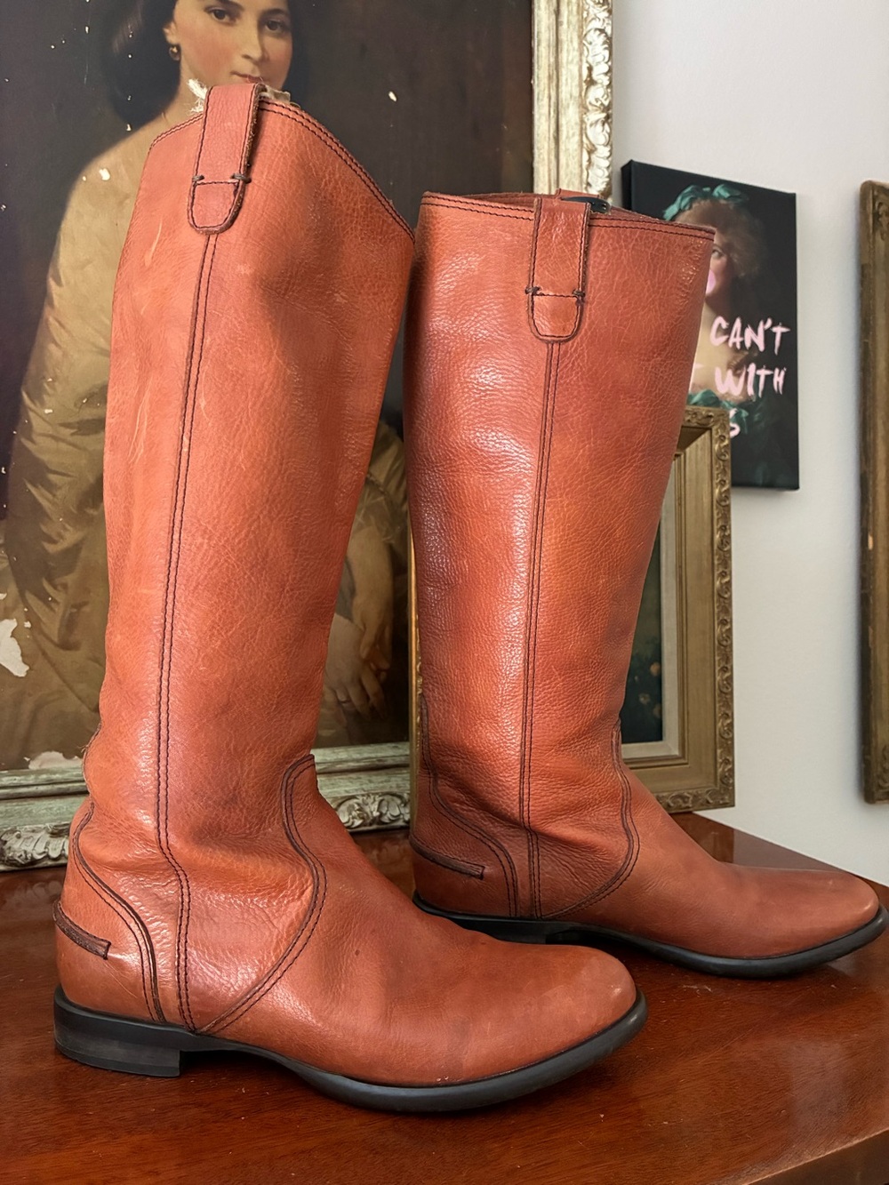 Tall Leather Riding Boots Cognac Pebbled Leather- Size 6